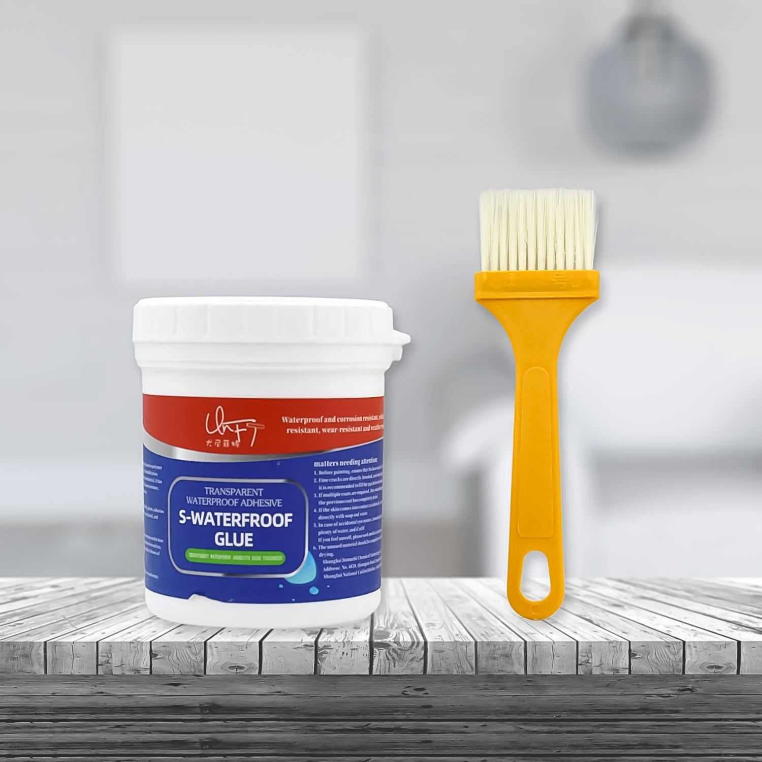 Transparent waterproof glue with brush, ideal for roof and window sealing to prevent leaks. Transparent waterproof glue with brush, ideal for roof and window sealing to prevent leaks.